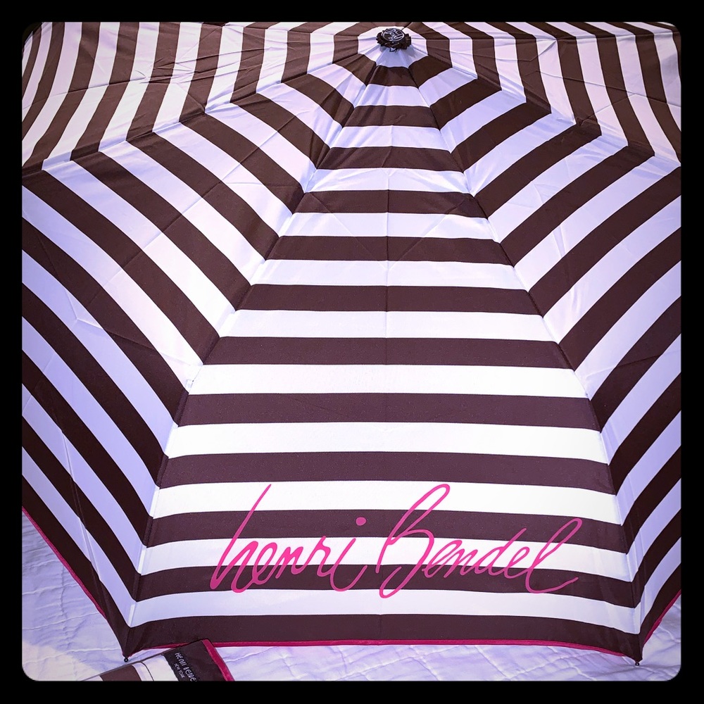 henri bendel Brown and White Striped Umbrella with Pink Logo Script